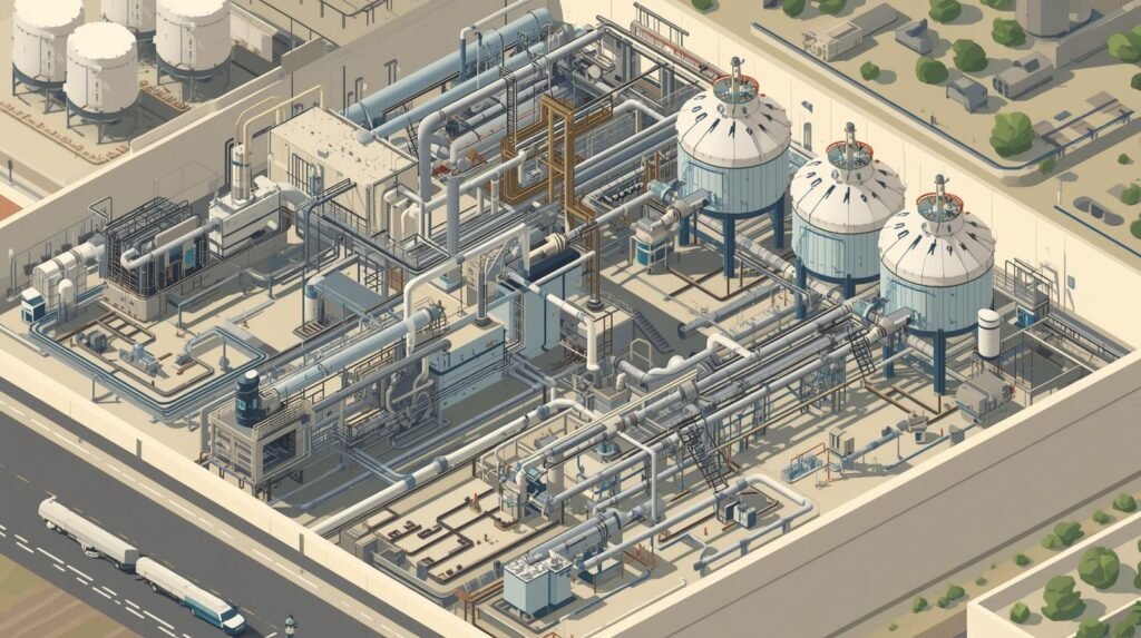 An AI image shows working of Desalination Plant in a large scale environment