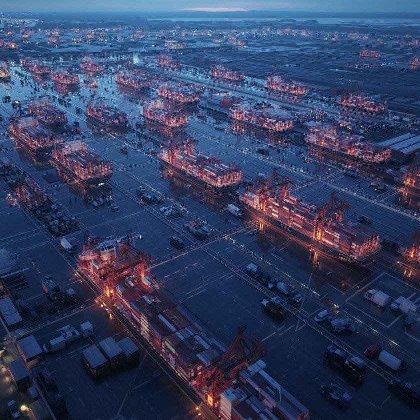 A representative image of global supply chains with cargo ships, shipping containers and logistics networks
