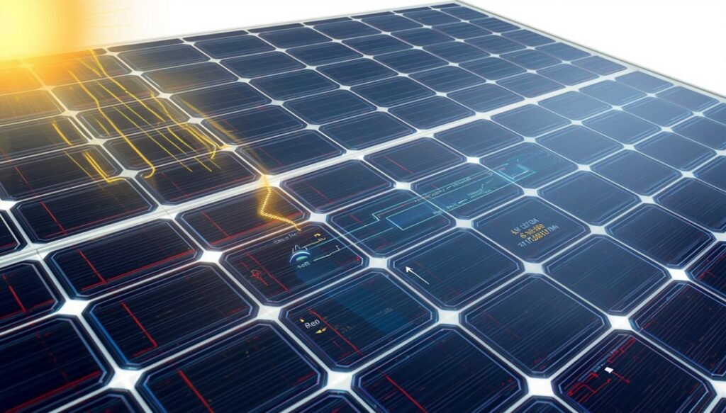 A solar panel showcasing its functionalities, close-up view of photovoltaic cells, showing sunlight absorption, electron flow, energy conversion process