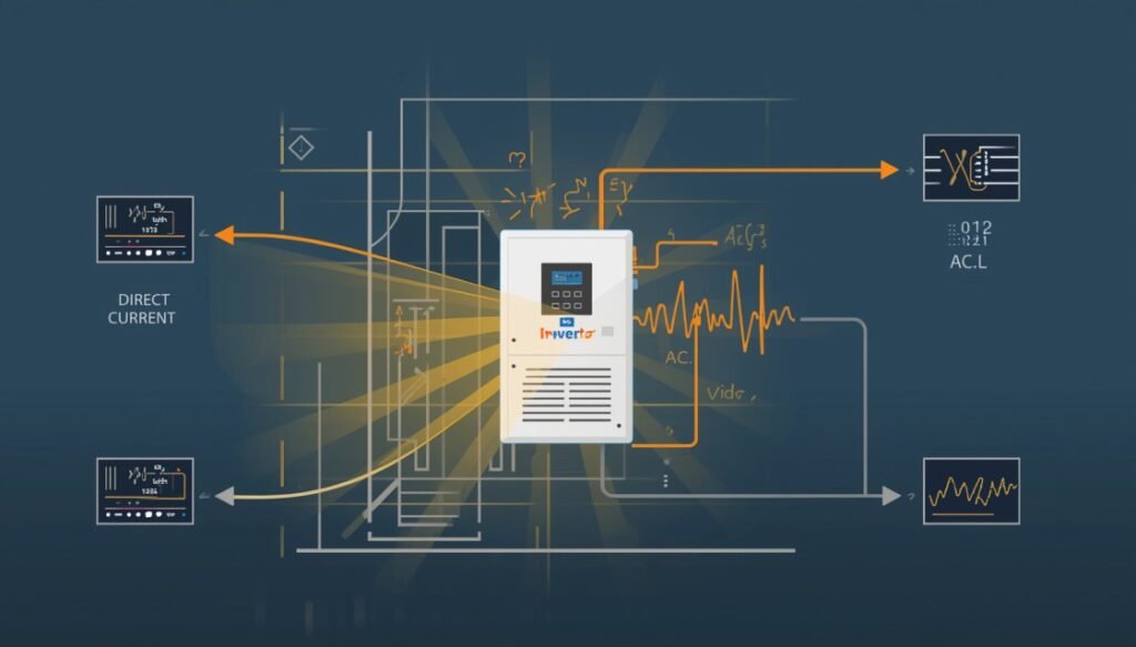 The working process and technical diagram of inverter converting DC to AC power, solar panels connected to inverter box, direct current flowing in and alternating current flowing out