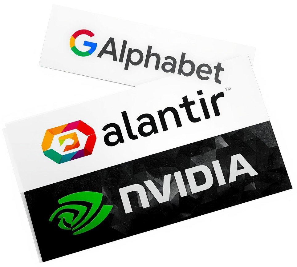 Logos of Alphabet (Google), Palantir and Nvidia