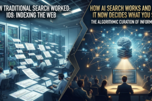 How AI search works shown as a question flowing into an AI generated answer with cited sources
