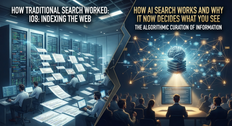 How AI search works shown as a question flowing into an AI generated answer with cited sources
