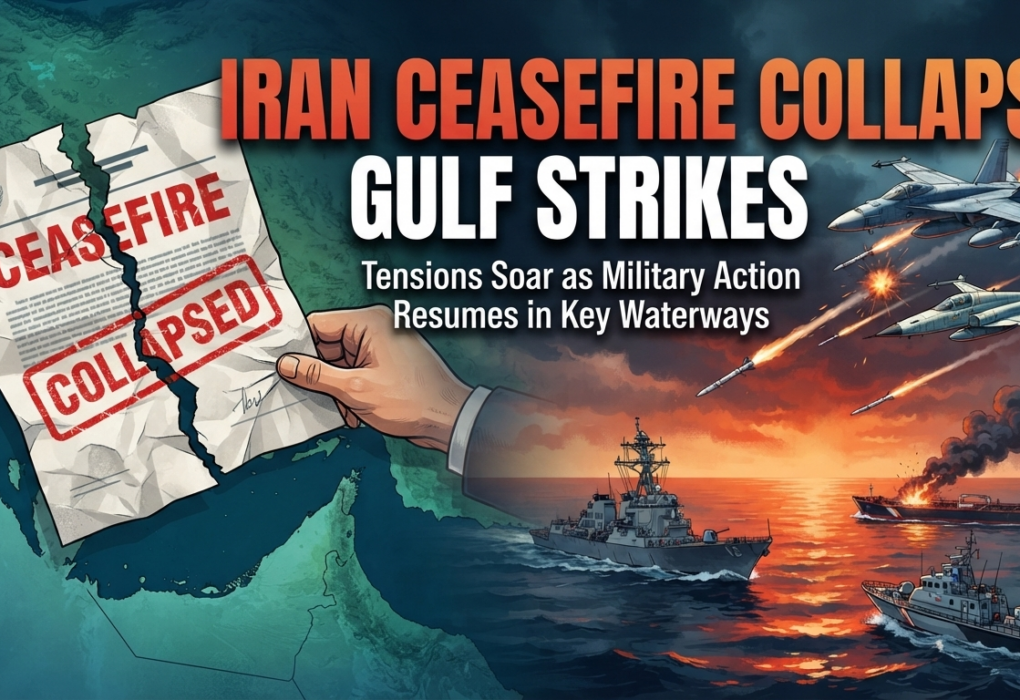 Iran ceasefire collapse aftermath shown as smoke rises over the Gulf following overnight strikes
