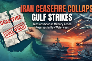 Iran ceasefire collapse aftermath shown as smoke rises over the Gulf following overnight strikes