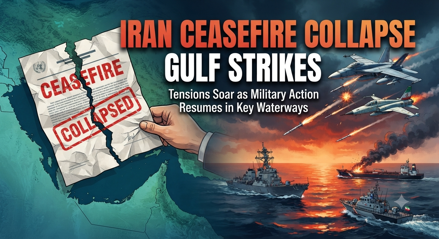 Iran ceasefire collapse aftermath shown as smoke rises over the Gulf following overnight strikes