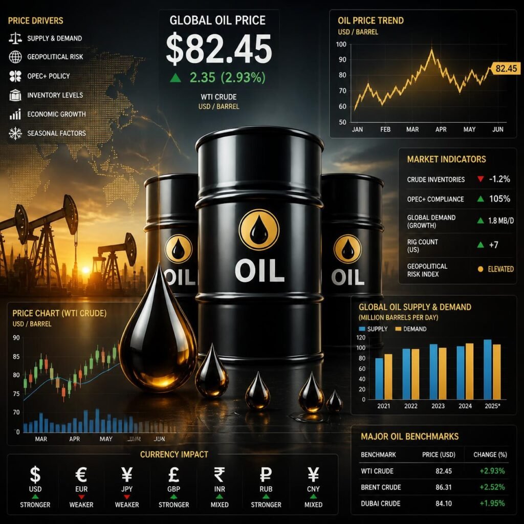 Oil barrels including price charts, currency symbols, market indicators, and financial data visualization