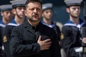 Zelenskyy Burnham meeting took place aboard the Royal Navy aircraft carrier shown here at Portsmouth Naval Base