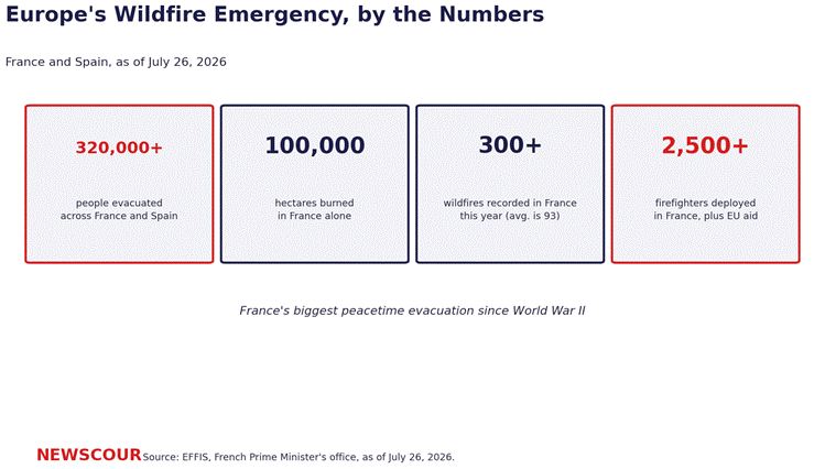 Europe wildfires evacuations statistics showing 320000 evacuated, 100000 hectares burned, and over 300 fires recorded in France