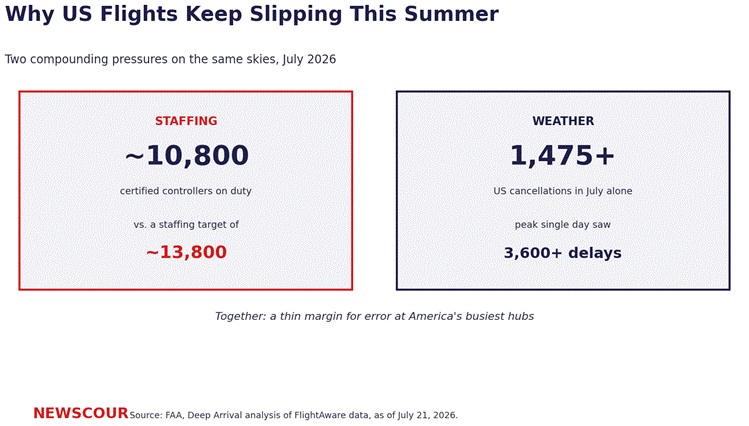 Flight disruptions 2026 chart comparing the air traffic controller staffing gap against July's weather cancellation total