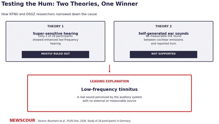 The Hum mystery explained through a diagram of the two ruled-out theories and the leading tinnitus explanation