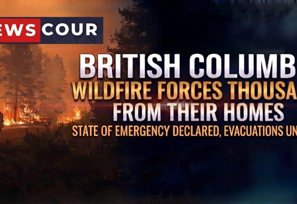 British Columbia wildfire response shown by a helicopter dropping water over a smoky forest
