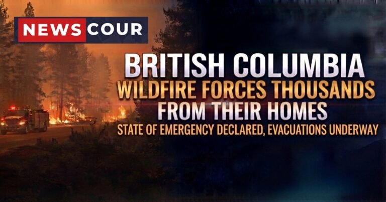 British Columbia wildfire response shown by a helicopter dropping water over a smoky forest