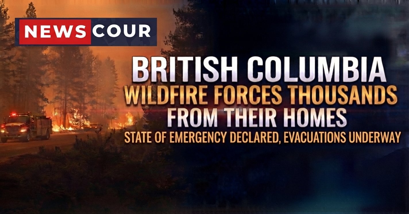 British Columbia wildfire response shown by a helicopter dropping water over a smoky forest