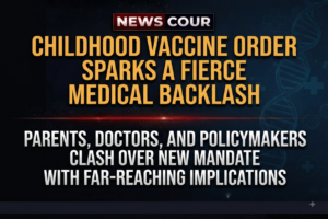 Childhood vaccine order debate represented by a vaccine dose and syringe on a table