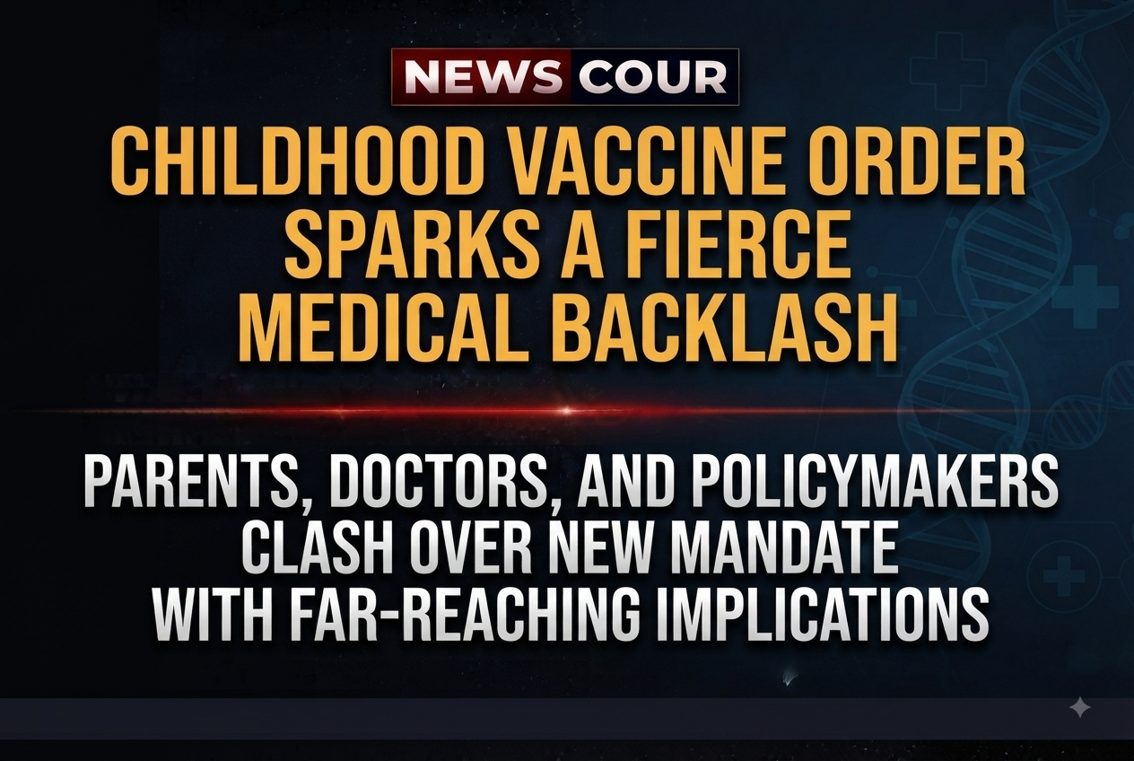 Childhood vaccine order debate represented by a vaccine dose and syringe on a table