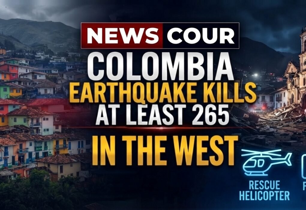 Colombia earthquake damage shown by a leaning collapsed building with rescue equipment