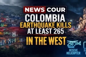 Colombia earthquake damage shown by a leaning collapsed building with rescue equipment