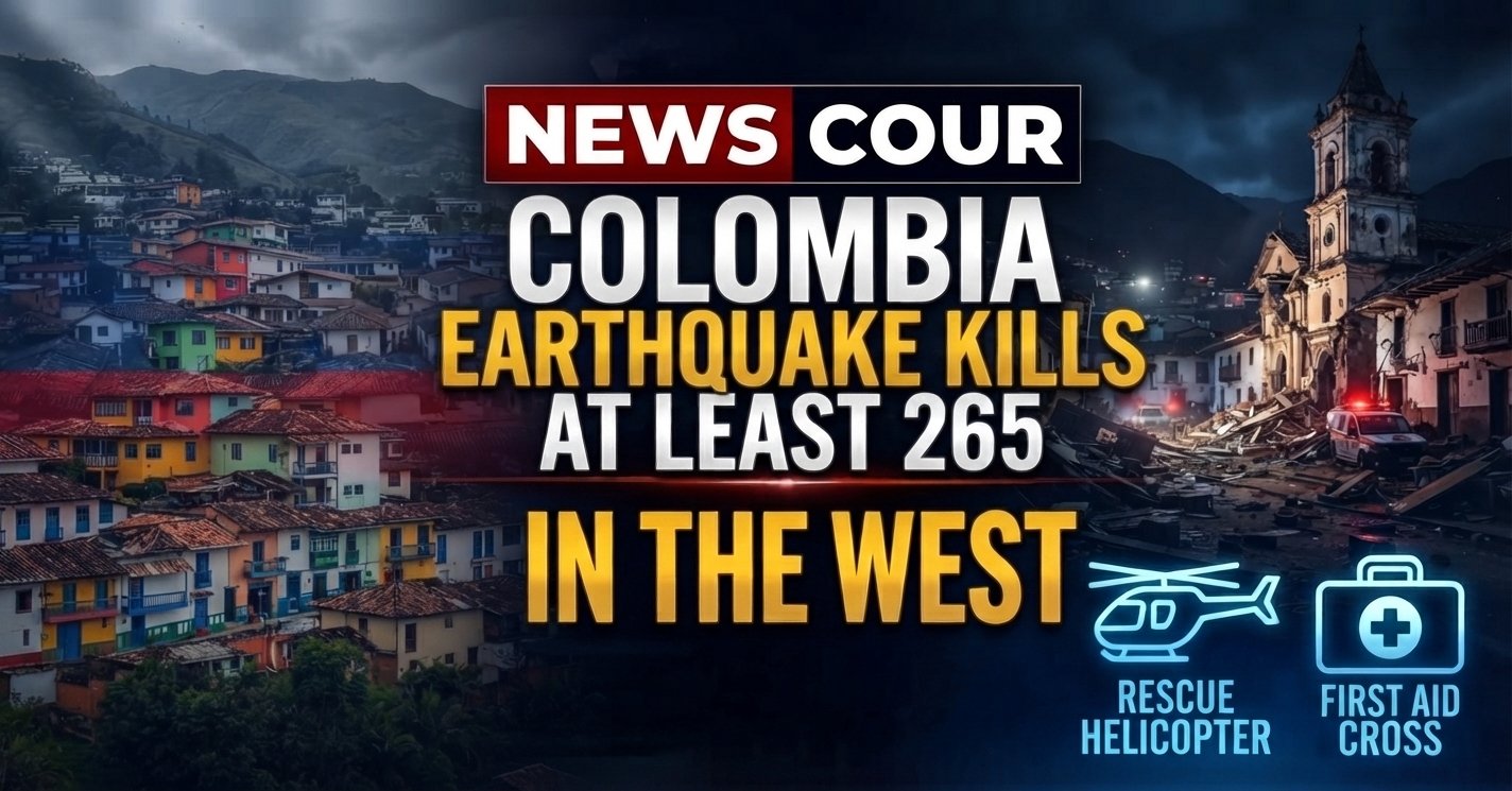 Colombia earthquake damage shown by a leaning collapsed building with rescue equipment