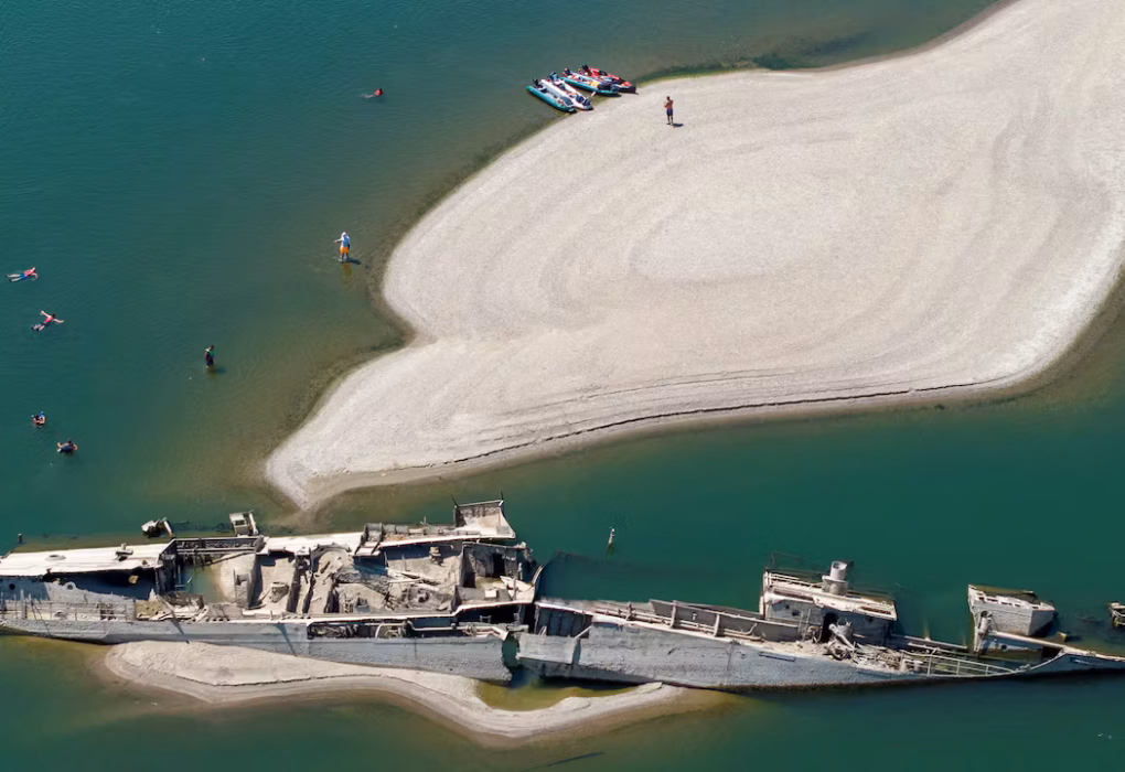 Europe heat wave shrinks the Danube in a satellite view showing exposed sandbanks