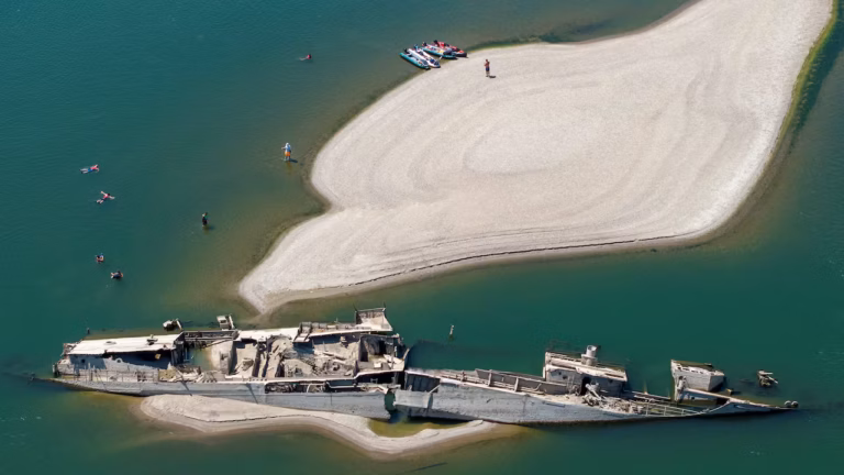 Europe heat wave shrinks the Danube in a satellite view showing exposed sandbanks