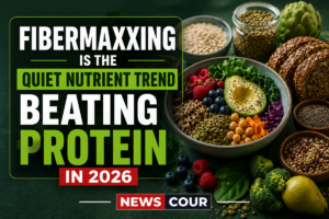 Fibermaxxing plate of high-fiber foods including beans, oats, berries, and leafy greens arranged on a wooden table