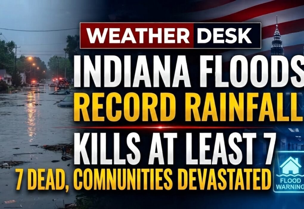 Indiana floods shown by a flooded residential street with submerged homes