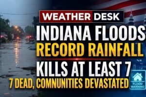 Indiana floods shown by a flooded residential street with submerged homes