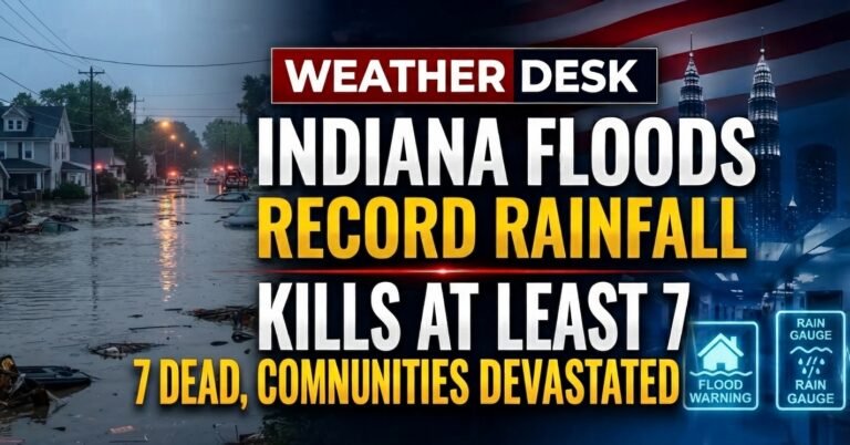 Indiana floods shown by a flooded residential street with submerged homes