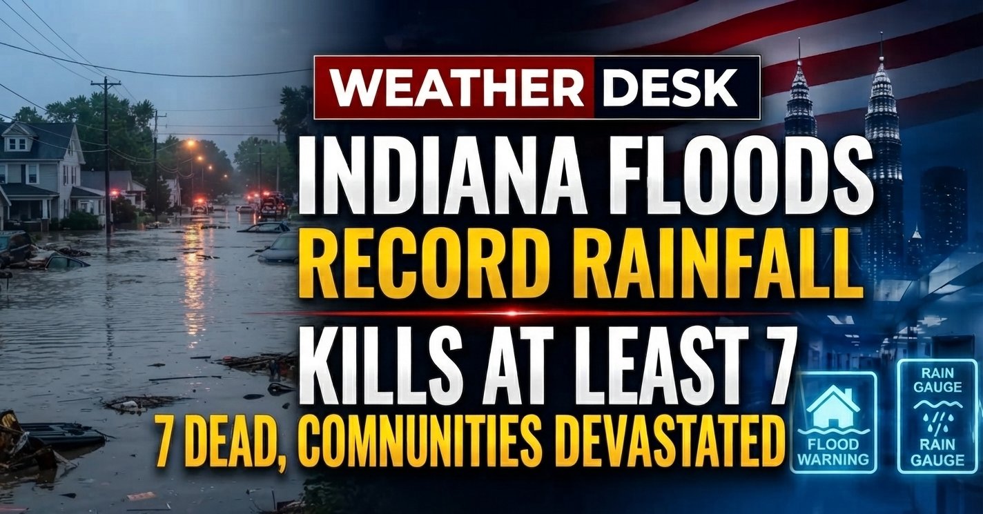 Indiana floods shown by a flooded residential street with submerged homes