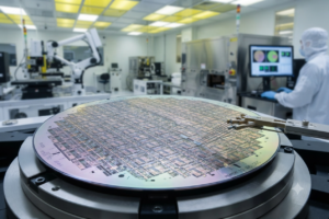 Memory chip investment illustrated by a silicon wafer covered in microchips