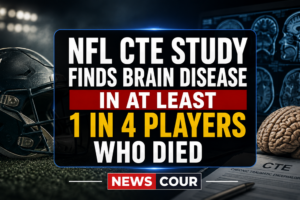 NFL CTE study shown by a football helmet on a stadium field
