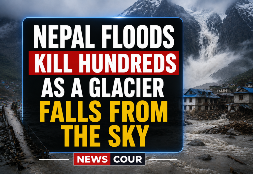 Nepal floods aftermath shown by thick mud and debris covering destroyed homes in a river valley