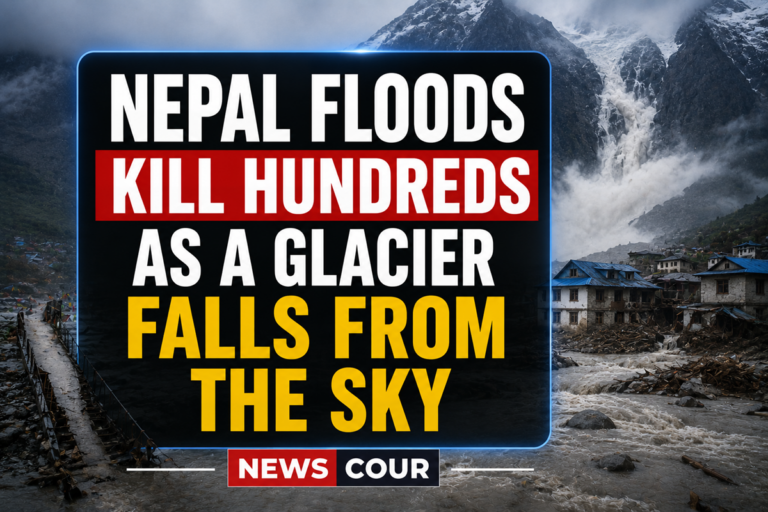 Nepal floods aftermath shown by thick mud and debris covering destroyed homes in a river valley