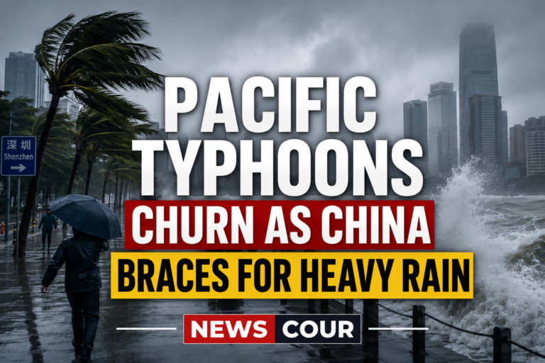 Pacific typhoons shown by a satellite view of multiple storm systems over the western Pacific Ocean