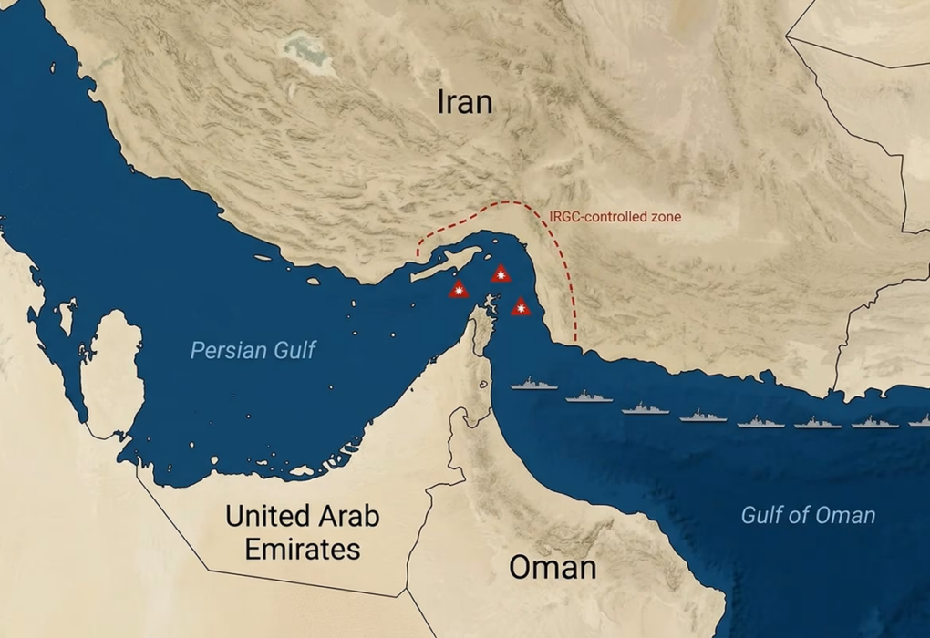 Strait of Hormuz deal map showing the Iran and Oman shipping lanes through the waterway