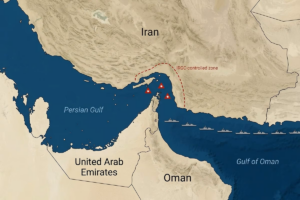 Strait of Hormuz deal map showing the Iran and Oman shipping lanes through the waterway