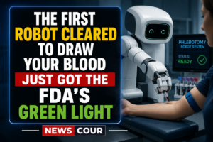 robotic blood draw device drawing blood from a patient's arm in a clinic