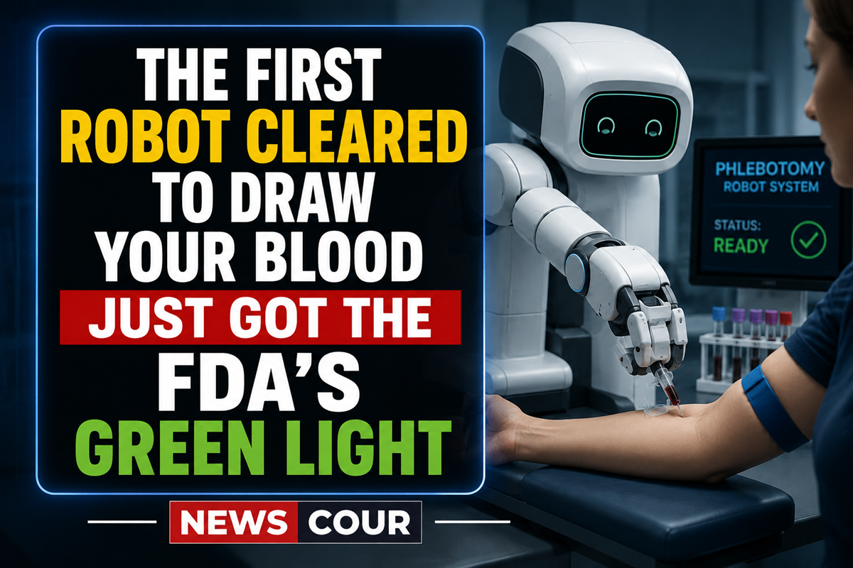 robotic blood draw device drawing blood from a patient's arm in a clinic