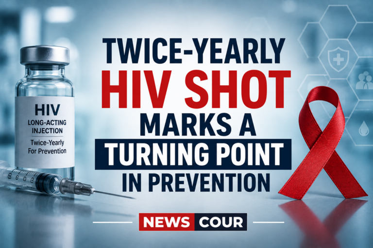 Twice-yearly HIV shot represented by a lenacapavir injection vial and syringe prepared on a clinic tray