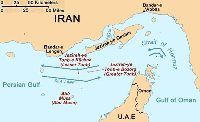 Strait of Hormuz deal map showing shipping lanes between Iran, Oman and the Persian Gulf