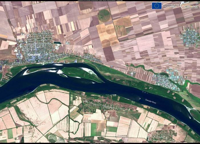 Europe heat wave satellite image of the low Danube River with exposed sandbanks in Romania