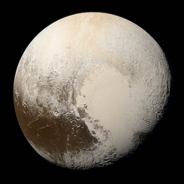 Pluto's atmosphere and heart-shaped plain visible in a true-color image of the dwarf planet