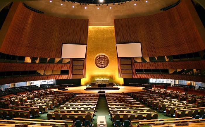 Hind Rajab investigation context shown by rows of seats in the United Nations General Assembly hall