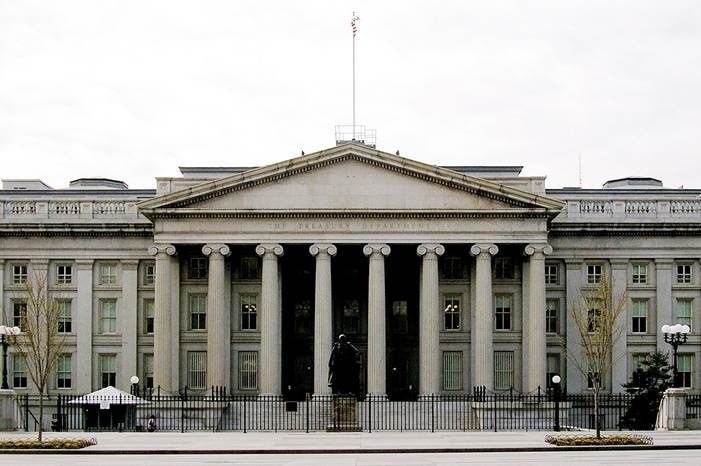Iran economic pressure plan shown by the United States Treasury Department building facad